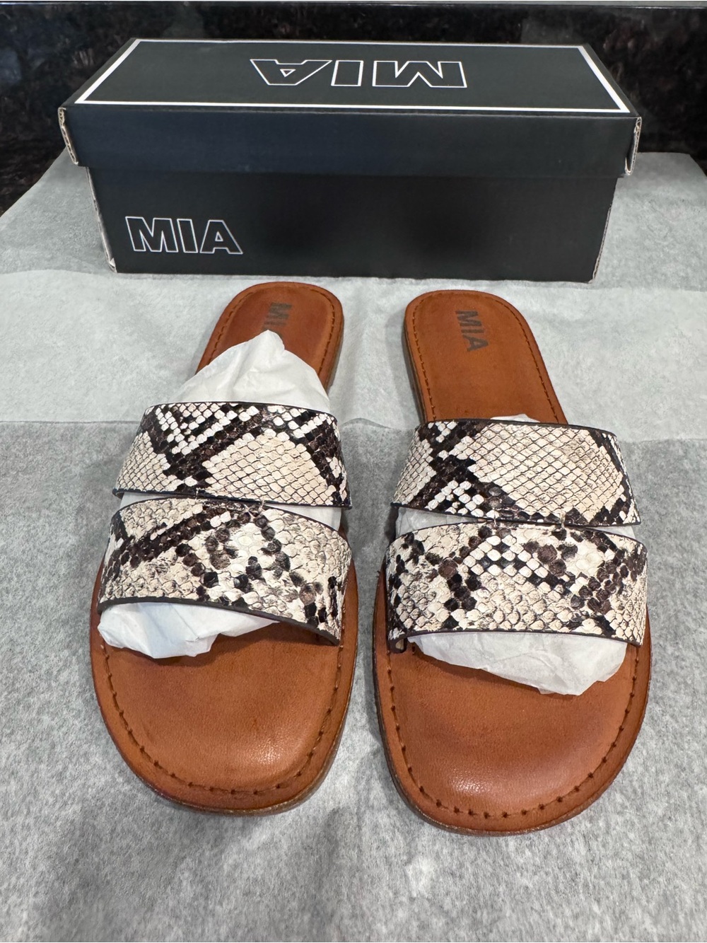 MIA Snake-Print Double-Strap Slide Sandals in Brown and Beige